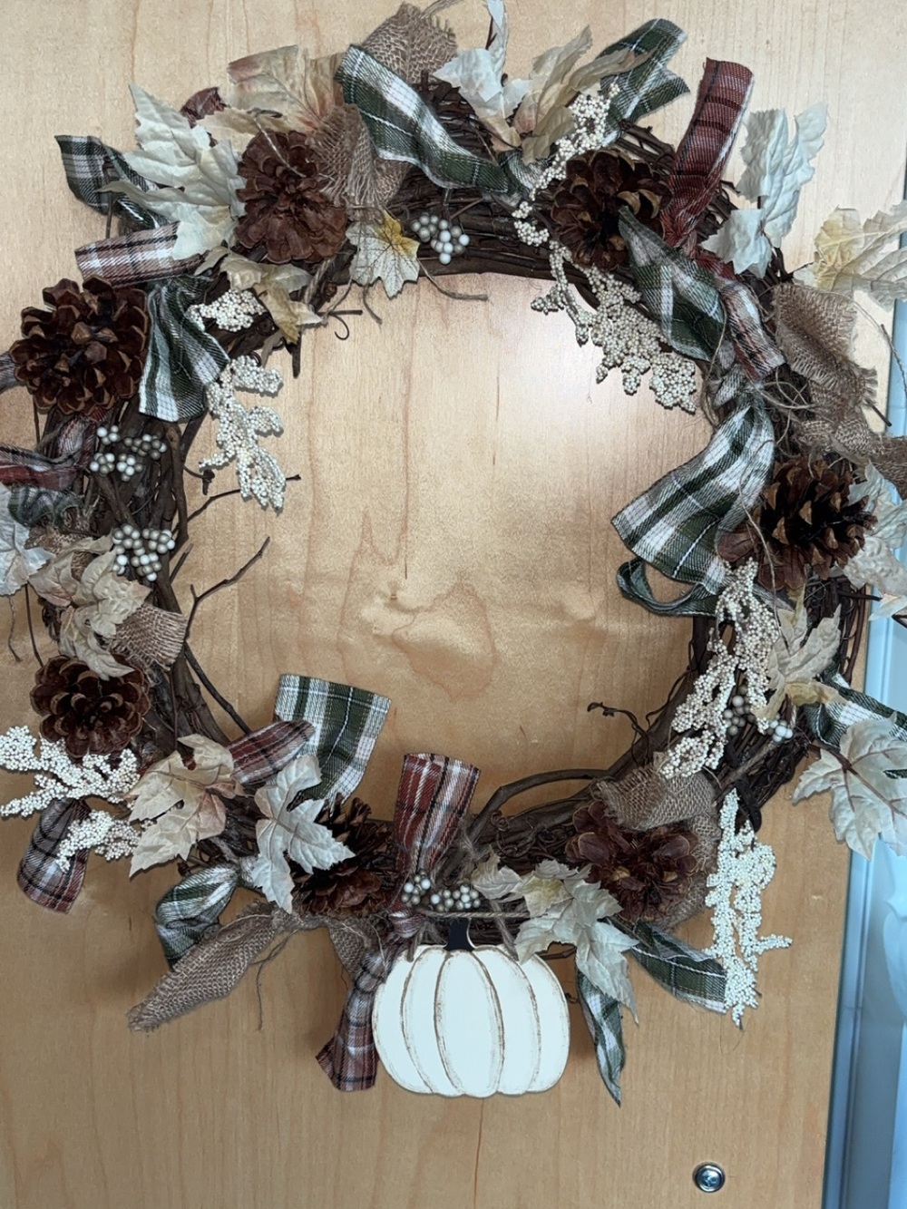 Autumn Pumpkin Grapevine Wreath with Plaid Ribbon - Brown & Cream Homemade by ME
